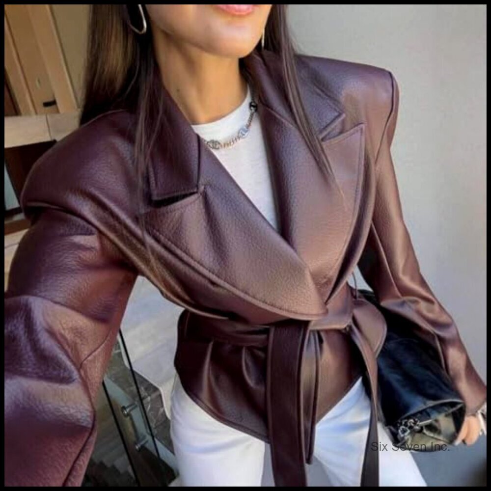 Faux Leather Biker Jacket Women Vintage Motorcycle Bomber Blazer Long Sleeve - Picture 5 of 7